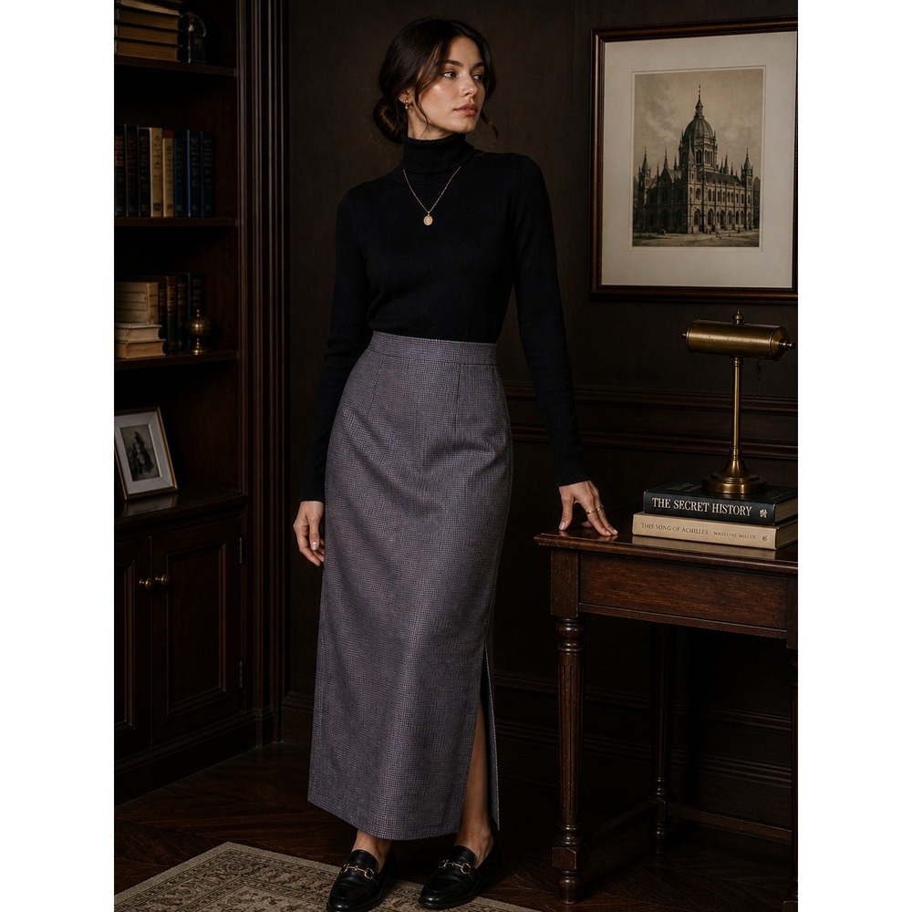 VTG Houndstooth Maxi Skirt Slit Old Money Dark Academia 16 Elegant Chic Classic
